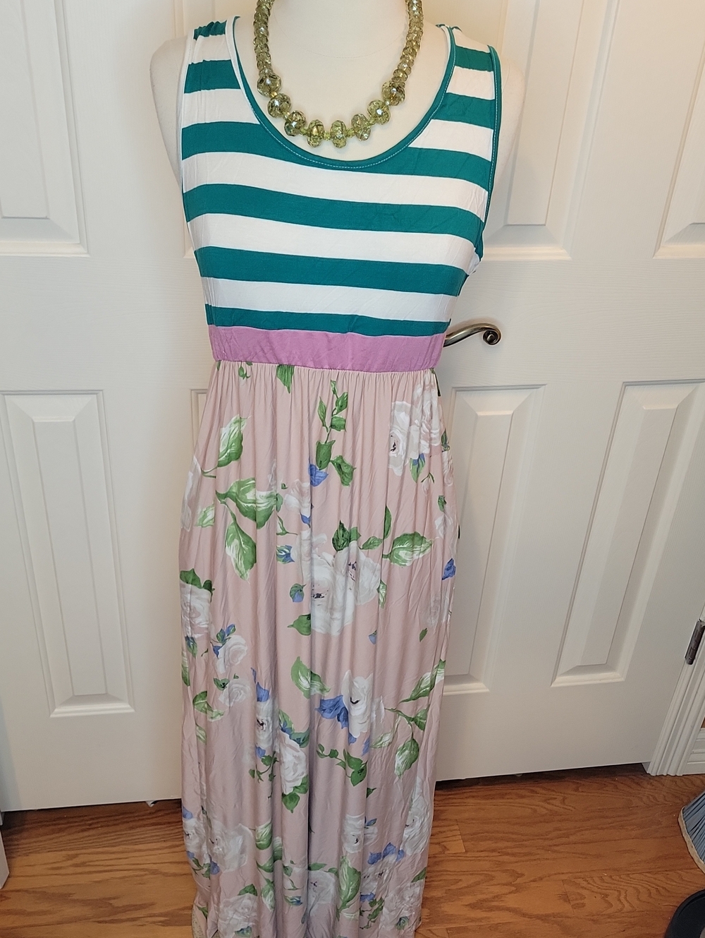 Sleeveless Striped Tank & Floral Maxi Dress in Teal, Pink